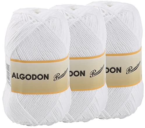Baumwollgarn 100% Baumwolle 220 Meter zum Stricken und Häkeln, Packung mit 3 x 100g, Farbe Weiß