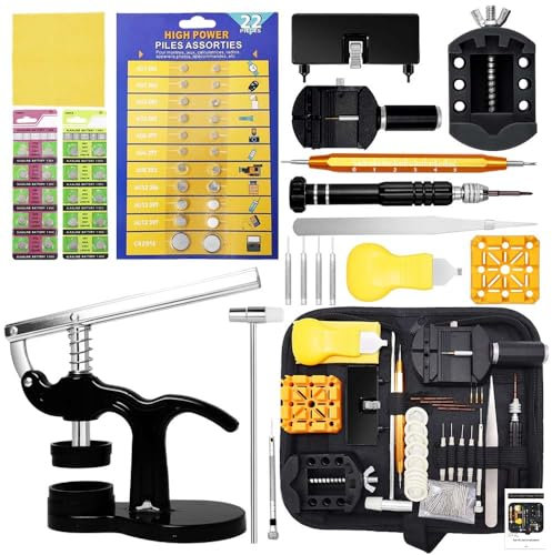 GLDCAPA Uhrenreparaturset, professionelles Uhrenbatterie-Ersatzset mit Tragetasche, Werkzeugset zum Entfernen von Uhrengliedern, Uhrengehäuseöffner, Uhrenpressenset mit 42 Stück Uhrenbatterie