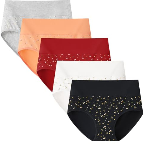 Anntry Braguitas de Cintura Alta para Mujer, Calzoncillos de algodón para Mujer, Ropa Interior de Cobertura Completa, Bragas Transpirables Suaves, Paquete de 5 (Color-2, L)