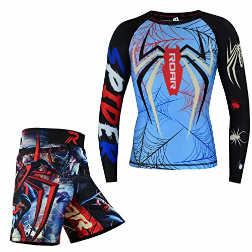 ROAR-INT MMA Rash Guard & BJJ Shorts Set Kids Fight Training Grappling Wear Jiu Jitsu Gi Trunks Outfit Set (Standard, Large, Spider-2Pcs-Set)