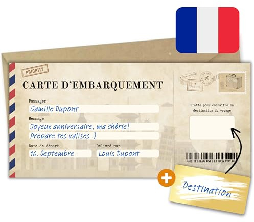 Milijou | Carte à gratter voyage surprise | Chèque cadeau surprise personnalisation destination, carte d'embarquement à gratter, billet avion, annonce anniversaire