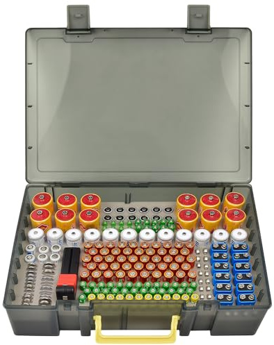 Batteriförvaringslåda – förvaring för batterier med batteritestare batteritestare BT-618. håller 225 batterier för 9 V blockbatteri AA, AAA, C, D, 1,5 V – transparent 1 (grå, XL)