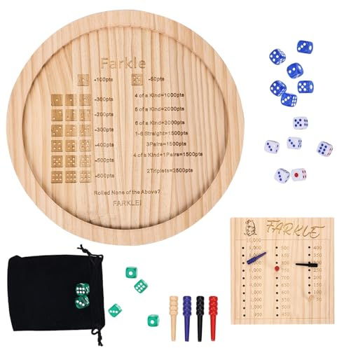 Vassoio per Dadi Farkle in Legno Set, Gioco di Dadi Classico Farkle con Vassoio da 30cm 6 Dadi Pearl 1 Blocco Segnapunti e 4 Pennarelli Supporto per il Classico Gioco di Famiglia