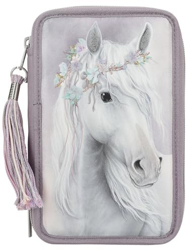 Depesche 13126 Miss Melody Fantasy Horse - Gefüllte 3-Fach Federtasche in Blasslila, mit Pferde Motiv und Glitzer, Federmappe mit Buntstiften, Lineal, Schere UVM.