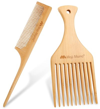 Maji Mama Plettro per capelli in bambù naturale, a denti larghi, in legno, per barba ricci, ondulati, spessi, sottili, pettine a coda di topo per prendere in giro i capelli e post styling per uomini o