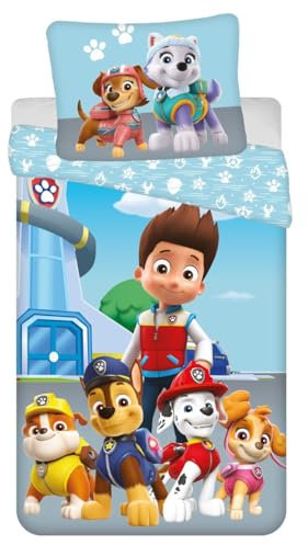 Jerry Fabrics Ropa de cama infantil Paw Patrol Ryder Chase Marshall Rubble Skye Everest Liberty Perros Animales Edredón 140 x 200 + Almohada 70 x 90 cm 100% Algodón