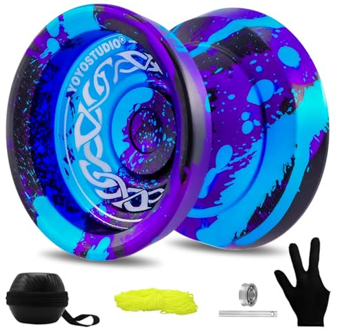 YOYOSTUDIO F25 Finger Spin Yoyo Professional Responsive Yoyo for Kids 8-12 and Beginner, Unresponsive Yoyos for Adults with Yoyos Accessory Kit, 10 Yo-Yo Strings, Case & Glove - Black Blue Purple