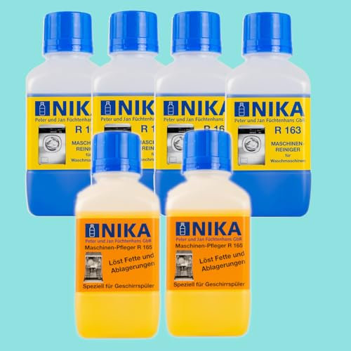 NIKA Cleaning 12 Monat's Sparpaket | Waschmaschinenreiniger & Spülmaschinenentkalker | 2x NIKA R165 | 4x NIKA R163 | Profi Maschinenreiniger & Maschinenpfleger für Haushalt & Gewerbe | je 0.5L