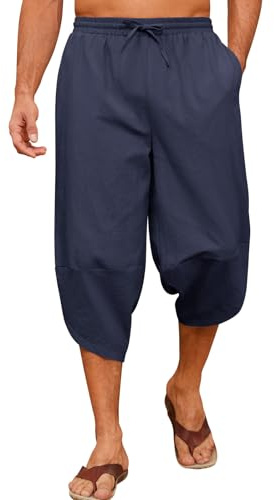 Yuson Girl Pantaloni 3/4 Uomo Pantalone Estivi da Spiaggia Cotone Pantaloni Harem Leggeri Comodi Allentati Pantaloni Lunghi Casual con Coulisse e Tasche per Yoga Quotidiano in Vacanza(Navy, L)