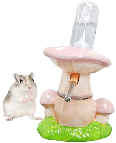 BNOSDM Hamster Water Bottle No Drip Ceramic Hamster Water Bottle for Glass Tank - 80ML Water Dispenser with Mushroom Stand Holder for Syrian Hamsters, Dwarf Hamsters, Mice, Gerbils (Pink)