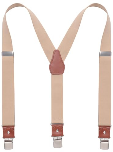 Kajeer Genuine Leather Men's Braces for Trousers - Elastic Y-Back Suspenders with Wide Strong Clips Adjustable Straps for Suits & Formal Wear Wedding Business (Khaki)