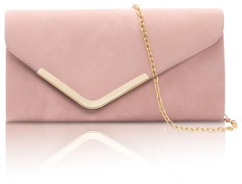Larcenciel Suede Women's Clutches, Nude Pink Clutch Bags for Women w/Detachable Chain, Envelope Evening Handbag, Minimalist Cross Body Shoulder Bag Purses Wallet for Women Bridal Prom Party Wedding