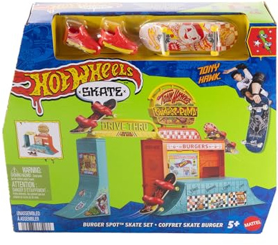 Hot Wheels Skate - Burger Spot, set da skateboard con rampa e corrimano staccabili, un fingerboard e un paio di scarpine da skate incluse, giocattolo per bambini, 5+ anni, JHV83
