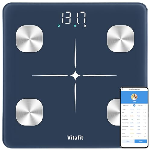 Vitafit Bascula de Baño, Alta Precisión de 0,05kg por Nuestra Fábrica Profesional Desde 2001, Bascula Grasa Corporal y Muscular Inteligente App 13 Composición de Corporal Peso IMC, 180kg, LED, Azul
