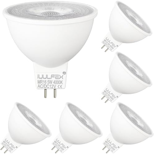 Confezione da 6 lampadine LED MR16 GU5.3, 12 V, 5 W (equivalente a 50 W alogena), attacco a due pin, 550 lm, 4000 K, angolo di diffusione di 38°, per corridoio, faretto a soffitto, non dimmerabili