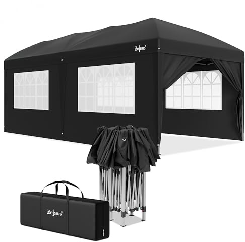 Zelsius Vikbar paviljong 3 x 6 m med sidoväggar | svart | popup hopfällbar paviljong UV30, fällbart, festtält med sidoväggar | skydd för trädgård, solskydd, trädgårdspaviljong