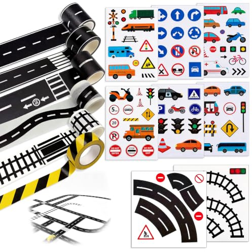 JNYUTEEN 16 Piezas Washi Tape Carretera, Pegatinas de Señales de Tráfico con Cinta Adhesiva de Carretera, Cinta para Calles y Vías para Proyectos DIY y Escenas con Coches de Juguete