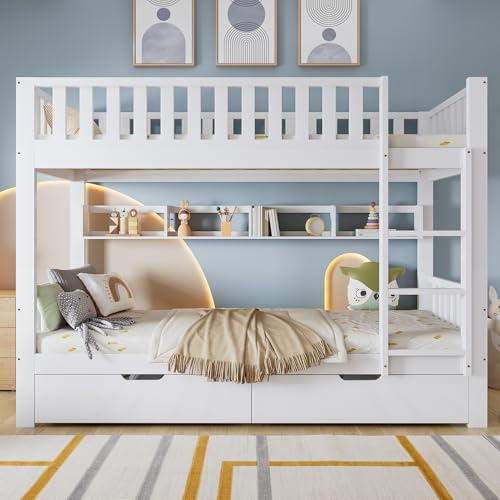 BTM Bunk Bed, Kids Children, 3FT Solid Pine Wood Single Bed Frame & under Bed Slide Drawer Storage, with Shelf, White (90x190cm)
