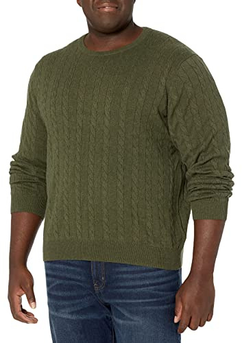 Amazon Essentials Men's Crewneck Cable Cotton Jumper, Olive Heather, XXL