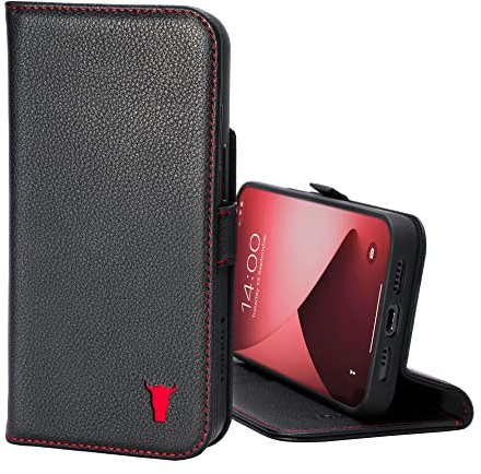 TORRO Leather Case Compatible with iPhone 12 / iPhone 12 Pro – Genuine Leather Wallet Case/Cover with Card Holder and Stand Function (Black)