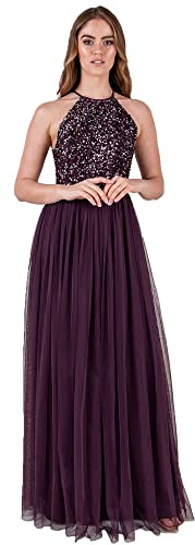 Maya Deluxe Women's Ladies Bridesmaid Maxi Dress Halter Neck Sequin Embellished Prom Graduation Wedding, Berry, 14