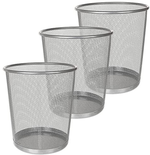 AHUNTTER 3 Pack Mesh Waste Paper Bin 12 Litres Metal Waste Basket Small Trash Can Rubbish Bin for Bedrooms Bathrooms Office Home Kitchens Supplies, 24 X 26cm Silver Circular