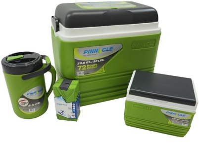 Vango Pinnacle Cool Box 5 Piece Set, Insulated Camping Cooler with Ice Bricks, 2.5L Flask, 4.5L Lunch Box & Cooler Set, 72–100 Hour - Camping, Fishing, Beach, Festival, Picnic (Green, 32L)