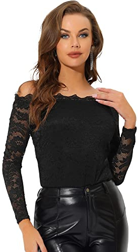 Allegra K Women's Floral Lace Off Shoulder Sheer Long Sleeves Blouse Top Black S-8