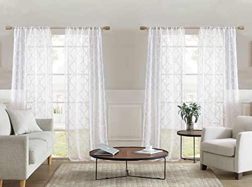 Laura Ashley Berwyn Lattice Sheer Curtains with Rod Pocket, Each Panel Measures 38 W x 96 L, White, 4 Panels