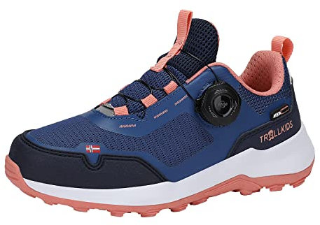 Trollkids atmungsaktive wasserdichte Kinder Schuhe mit FitGo Schnellschnürsystem Low TROLLFJORD, Petrol/Koralle, Größe 40