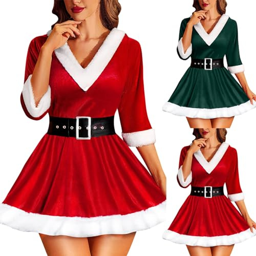 Vestito di Natale Sexy con Cappuccio per Donna - Velluto V-Collo Mezza Manica - Costume da Babbo Natale (Rosso, L)