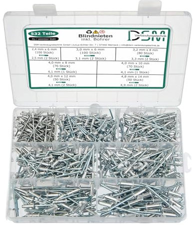 Juego de 532 remaches ciegos con cabeza plana según DIN 7337 / ISO 15977 | aluminio / acero galvanizado | 2,4 + 3,0 + 3,0 + 3,2 + 4,0 + 4,8 mm | incluye 12 brocas HSS | Remaches huecos