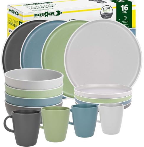 BRUNNER: Melamin Geschirr-Set Camping | 16-Teilig - Teller & Kaffe-Becher für 2-4 Personen | DOLOMIT Lunch Box - Stapelbar, Kratzfest