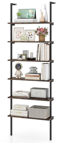 HOMASIS Scaffale a Scala con 6 Livelli, Libreria Verticale con Struttura Metallica e Dispositivi Anti-Ribaltamento, Libreria da Parete per Soggiorno, Camera da Letto, Ufficio, 60x20x183cm (Marrone)