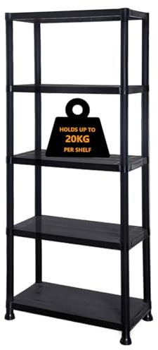 Crystals Shelving Unit for Storage - Plastic Storage Shelves Free Standing - Shed Shelving & Racking Systems - Black Heavy Duty Racking for Garage & Storage (5 Tier)
