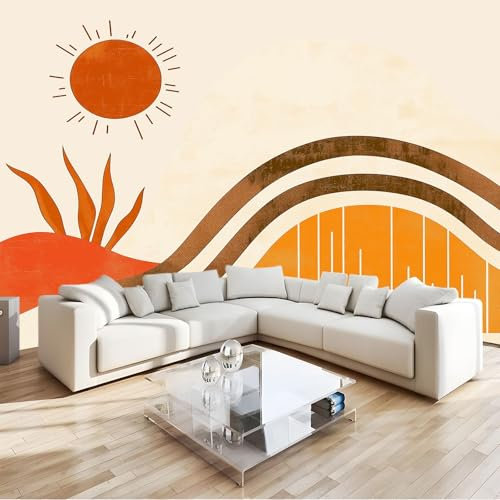 200 x 140 cm Papel pintado mural Beige Arte Papel tapiz Fotomural Líneas De Sol Retro, Moderna Decoración Tejido no Tejido Decoración De Pared Sala Cuarto