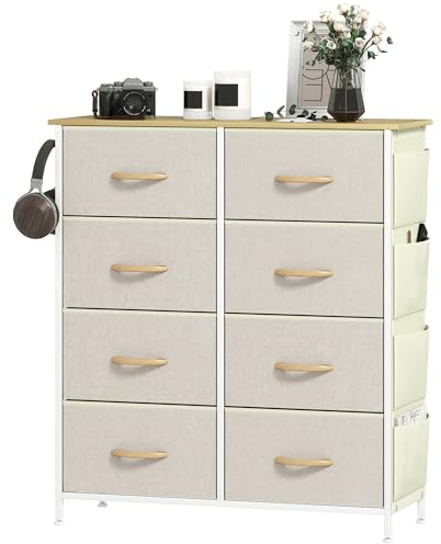 HOMCOM Commode 8 tiroirs en Tissu, Meuble de Rangement avec 4 Poches, 2 Crochets, Structure en Acier, chiffonnier pour Salon, Chambre, entrée, Beige