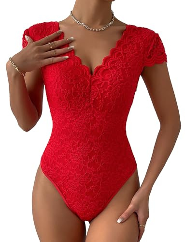 FEOYA Womens Lace Bodysuit Sexy Ladies Short Sleeve Floral Lace Deep V-Neck Bodysuits One Piece Snap Crotch Leotard Top Slim Fit for Ladies Going Out Nightclub Shapewear
