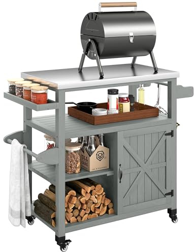 Outsunny - Carro de barbacoa con ruedas, isla de cocina de madera, bandeja de acero inoxidable, armario, estantes abiertos, portaespecias, toallero abridor de botellas, 107 x 49,5 x 92,5 cm, color