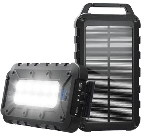 Cargador Solar 10000mAh Power Bank Solar, Bateria Externa con Carga Rápida 22,5 W Impermeable IPX4 2 Puertos USB + Linterna LED Compatible con Smartphones Tablets Camping y Emergencias Negro