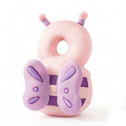 Protector de Cabeza de Bebe, Almohadillas de Seguridad Ajustables para Bebes,Cojín Protector Ajustable para Cabeza para Bebés de 4 a 24 Meses para Gatear y Camina (Mariposa rosa)