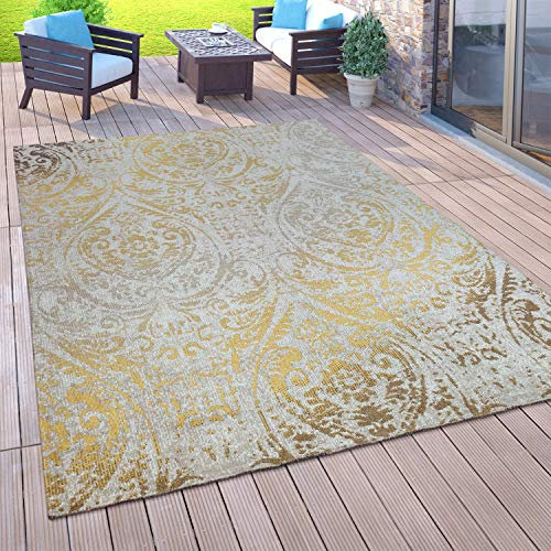 Paco Home Outdoor Teppich Balkon Terrasse Vintage Küchenteppich Orient Muster Rauten Ethno, Grösse:160x220 cm, Farbe:Gelb