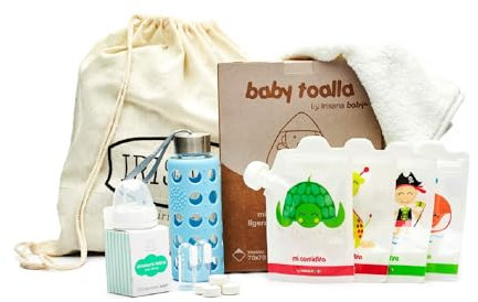 Irisana - Canastilla Infantil con Mochila - Azul - 29 x 29 x 12 cm - Biberón/Botella, Cepillo de Dientes, Bolsa, Toalla, 10 Toallitas y 4 Bolsas Porta Alimentos - Ideal para Recién Nacido