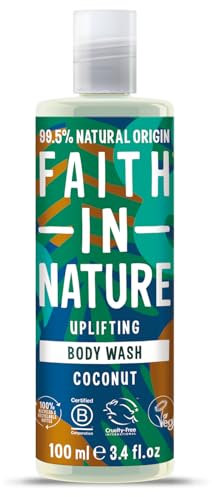 Faith In Nature 100ml Travel Size Coconut Body Wash, Uplifting Shower Gel, Vegan & Cruelty Free, No SLS or Parabens, Travel Size