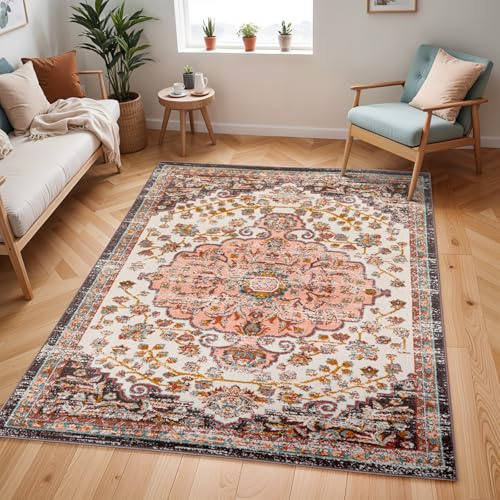 Livabliss Bray Vintage groß - Orientalischer Wohnzimmer 200x275 cm, Esszimmer, Schlafzimmer - Boho Kurzflor e für einfache Pflege - Rot und Weiß