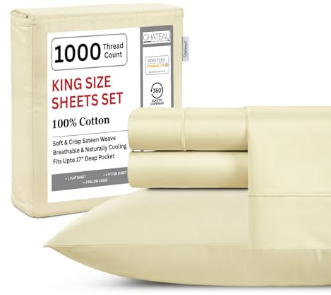 CHATEAU HOME COLLECTION 100% Cotton Sheets King Size - Authentic 1000 Thread Count Breathable Luxury King Sheet Set, Soft Sateen Weave, 15 Deep Pocket King Size Sheets Set - Ivory