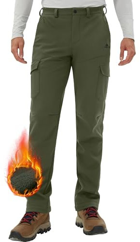 Pioneer Camp Herren Wanderhose Wasserdicht Cargohose Thermohose Atmungsaktive Fleece Gefüttert Winddichte Winterhose Outdoorhose mit 5 Utility Taschen Grün Größe:L