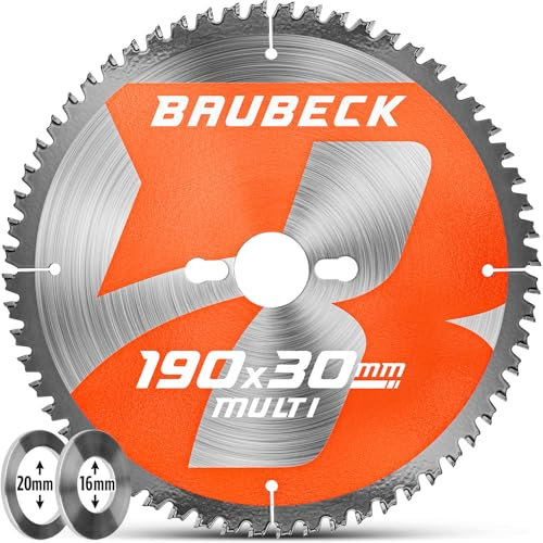 BAUBECK Lame de scie 190x30 + bagues de réduction 16/20 mm, 56T, 1,6 mm coupe dans le bois, métal & l’aluminium avec scies circulaires à main comme Bosch GKS 190, PKS 66 A / 66 AF