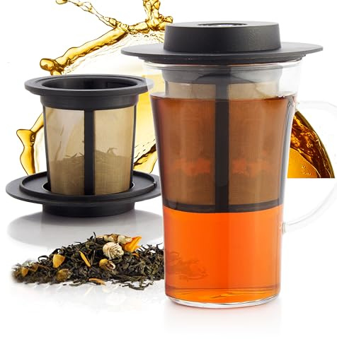 finum BISTRO SYSTEM, bicchiere da tè borosilicato con cestello filtrante, tessuto in acciaio inox, coperchio nero, 180 ml (12)
