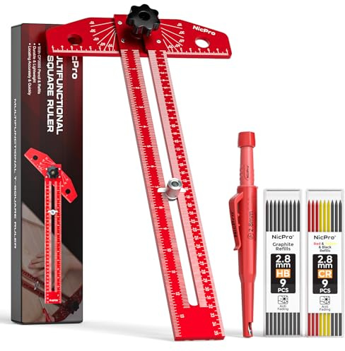 Nicpro Woodworking Scriber Marking Line Ruler, Adjustable Aluminum Alloy Sliding T-Square Ruler with Carpenter Pencil, Angle Adjustment Scale, Precision Line Drawing aid Ruler Tools for Woodworking